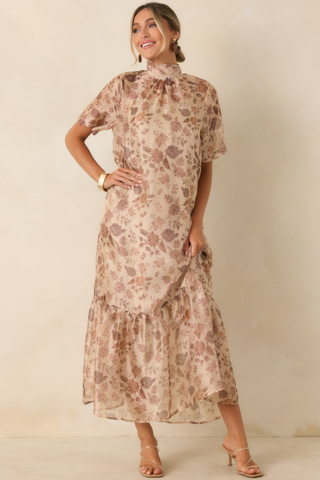 Whispered Intentions Ivory & Taupe Floral Tiered Maxi Dress