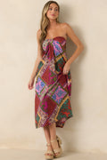 Everyone Knows Red Multi Patchwork Print Rayon Strapless Midi Dress
