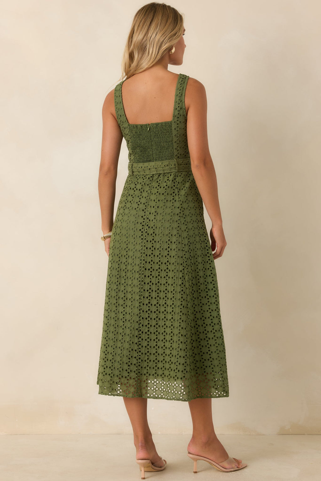 Garden Society Olive Green Cotton Eyelet Sleeveless Midi Dress