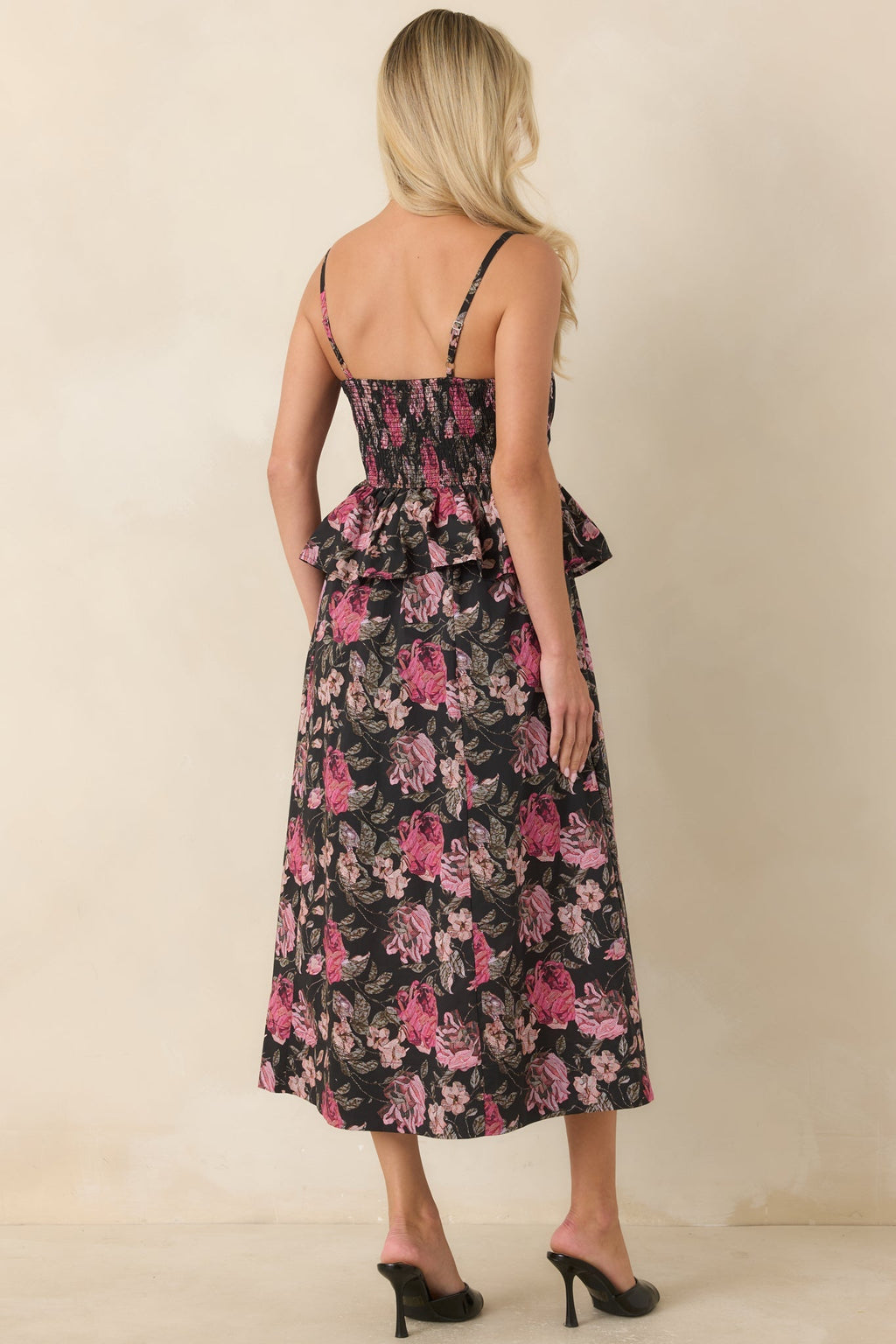 A Very Good Reason Black Floral Cotton Pleated Peplum Midi Dress