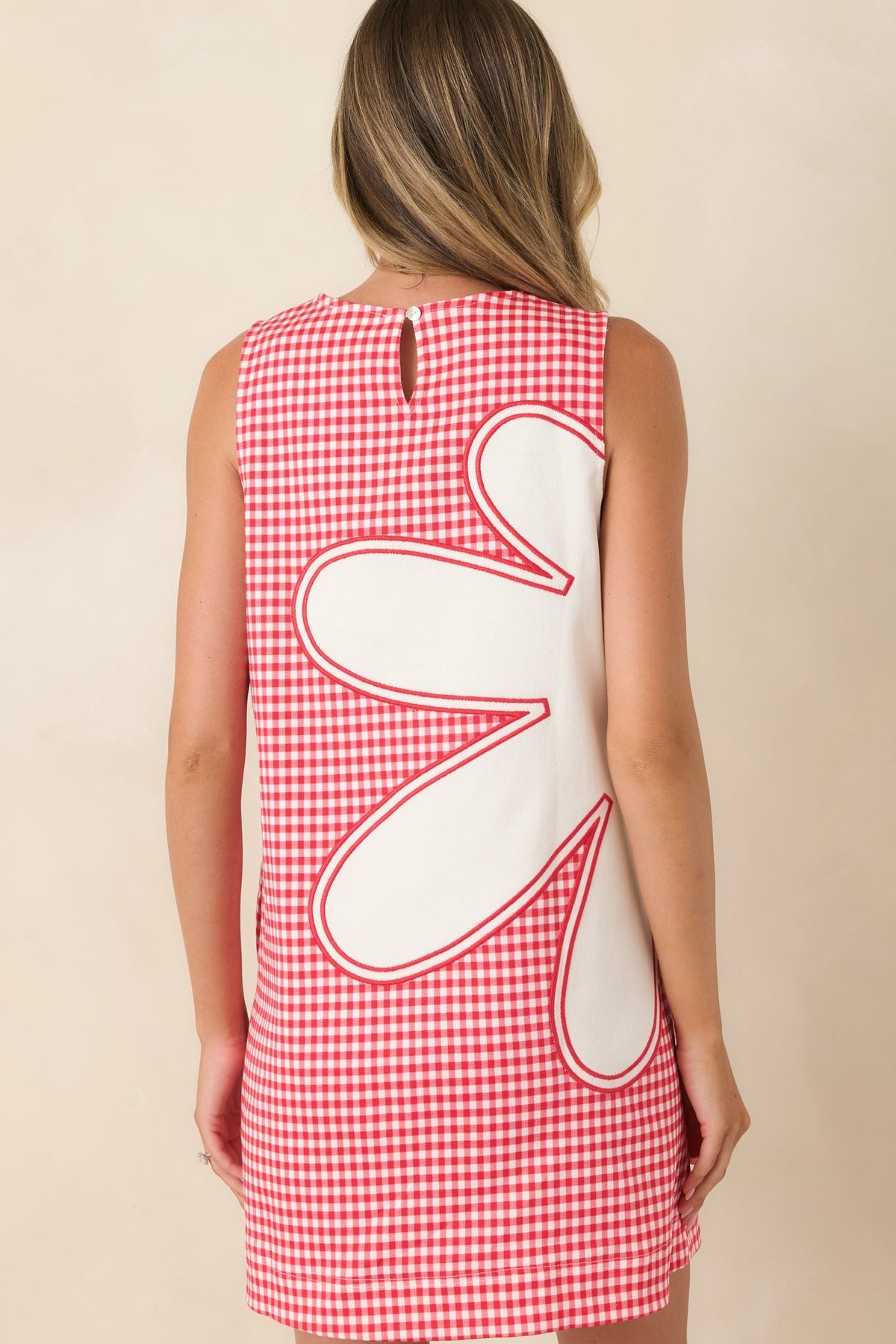 Instant Joy Red Gingham Cotton Appliqué Mini Shift Dress