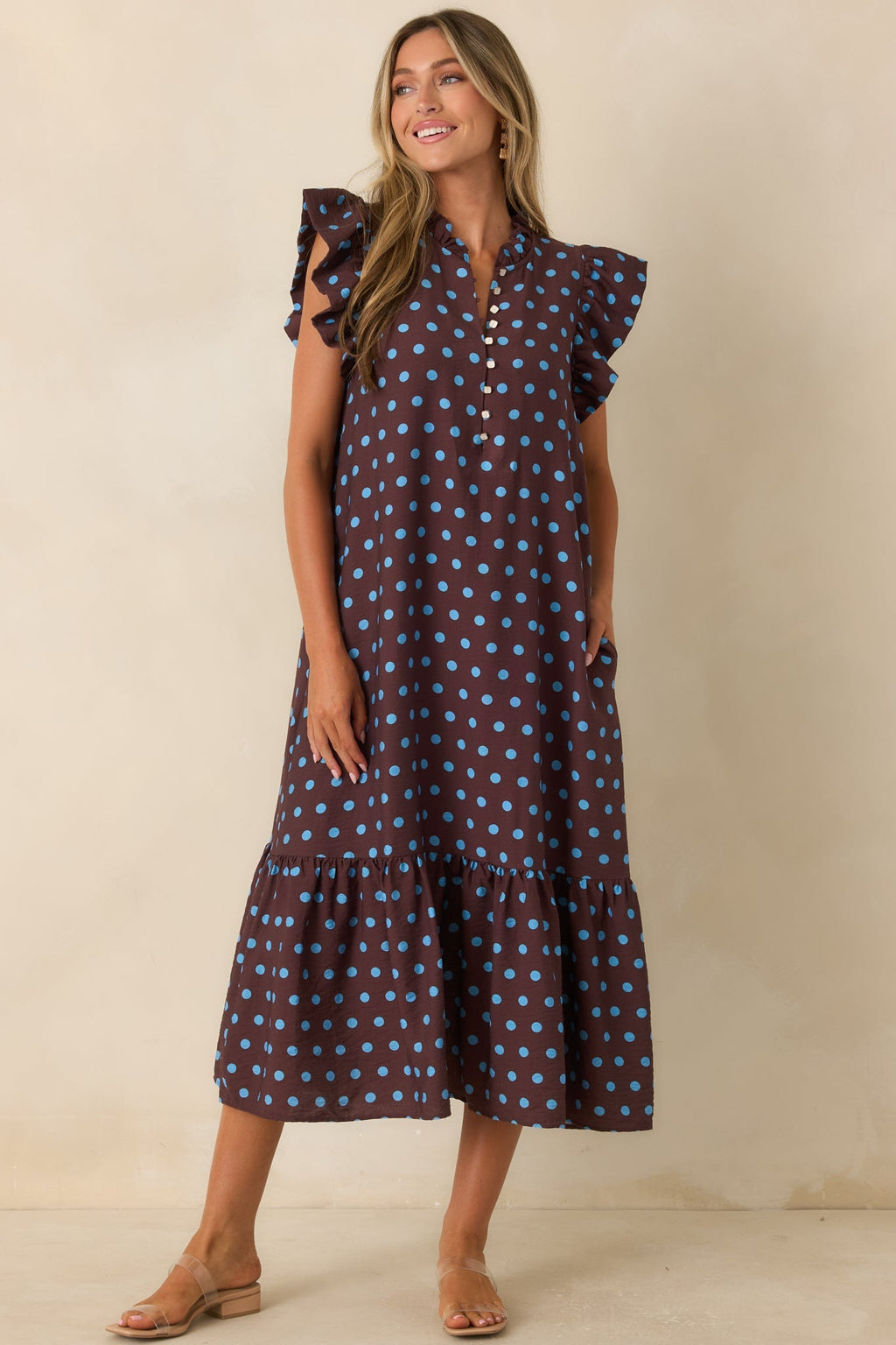 Get a Corner Table Brown & Blue Polka Dot Flutter Sleeve Midi Dress