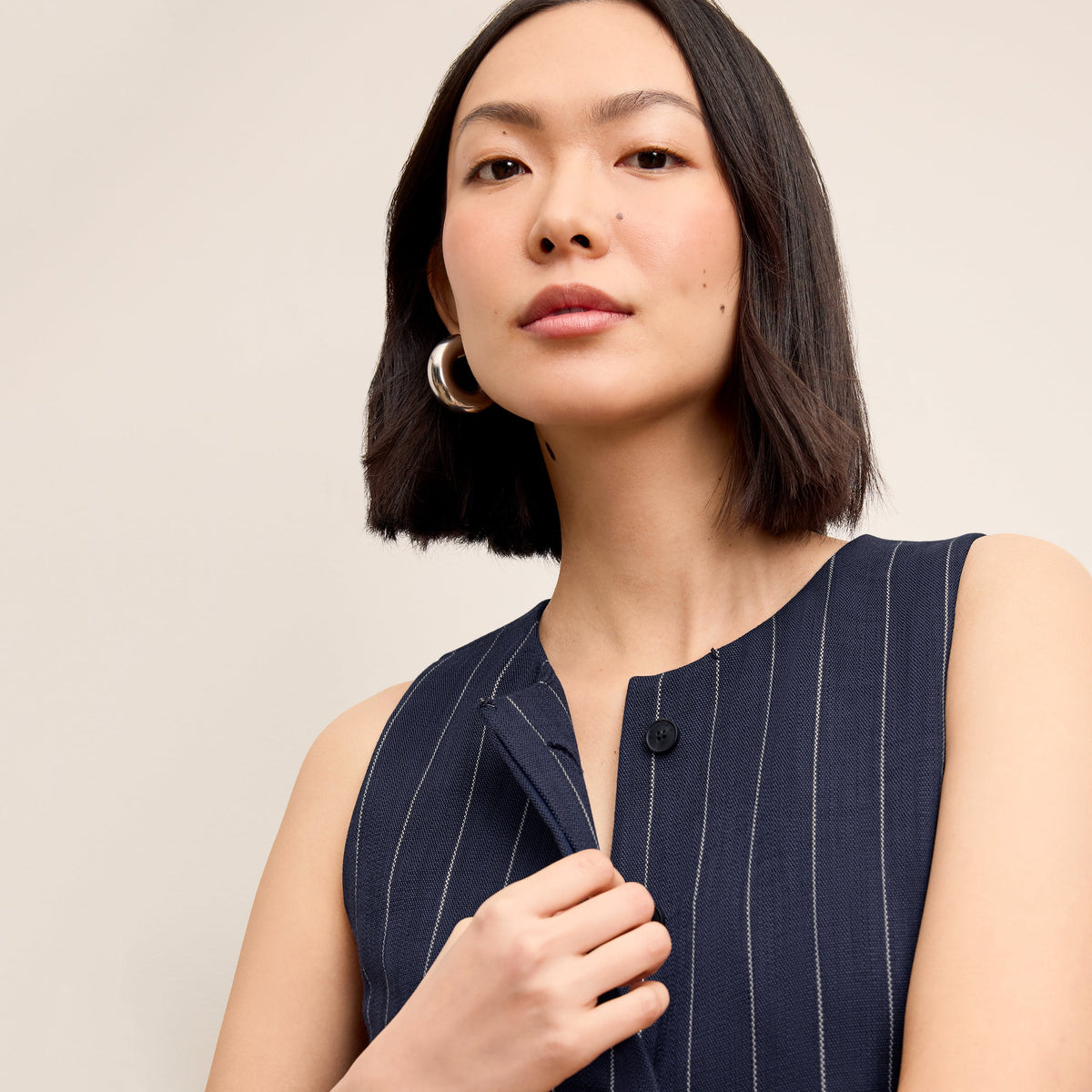 Renata Shift Dress - Woven Pinstripe :: Navy/Ivory