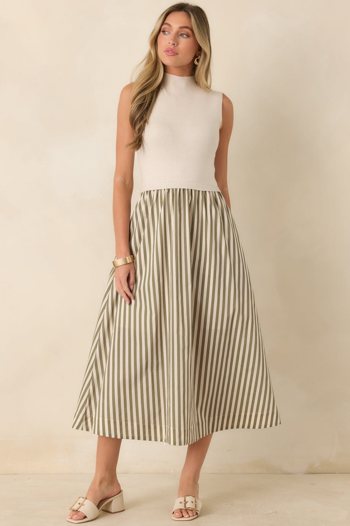 That's More Like It Ecru & Sage Stripe Sweater Midi Dress