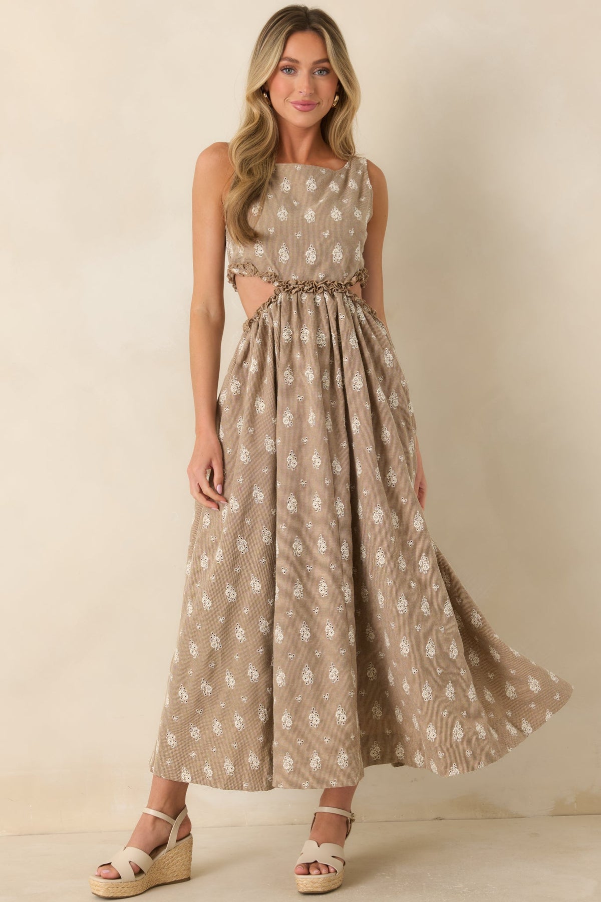 FRNCH Stellaria Brown Cotton Floral Eyelet Cut-Out Maxi Dress