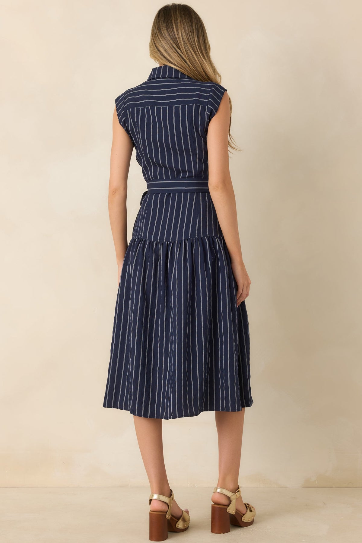 Always On Course Navy Striped Button Front Midi Dress