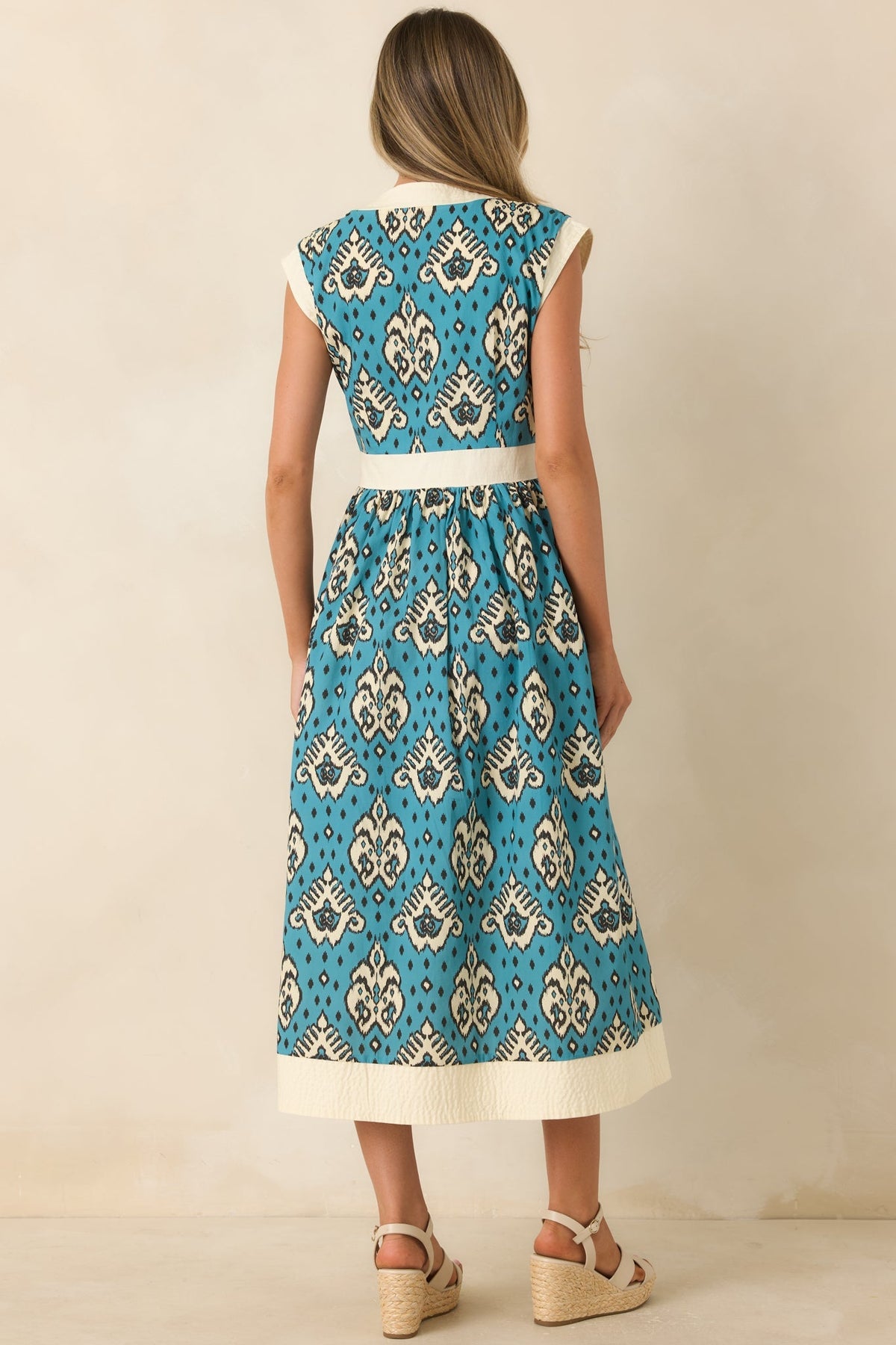 In the Studio Teal & Ivory Ikat Print Cotton Midi Dress