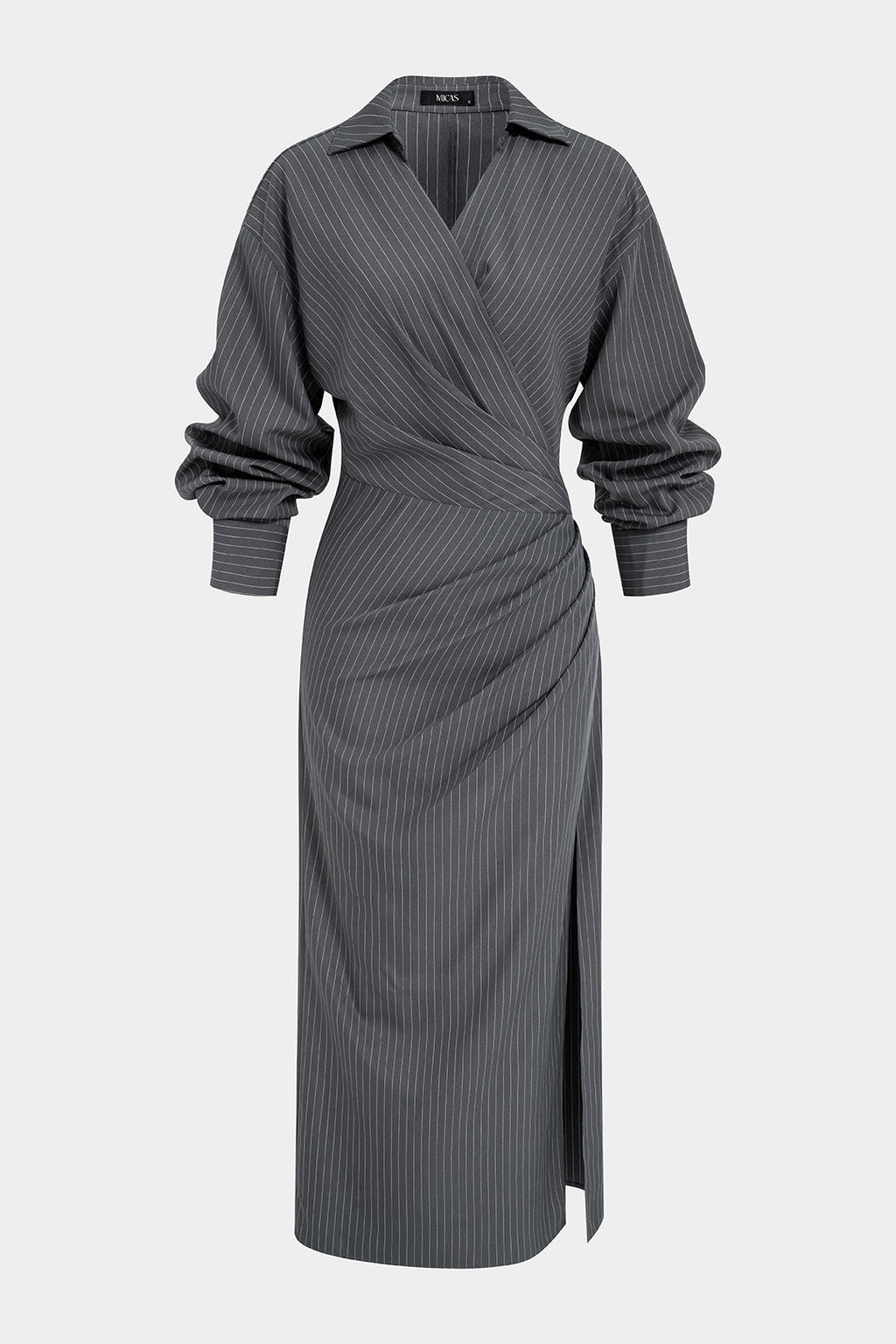Stripes Print V-Neck Ruched Long Sleeve Maxi Dress