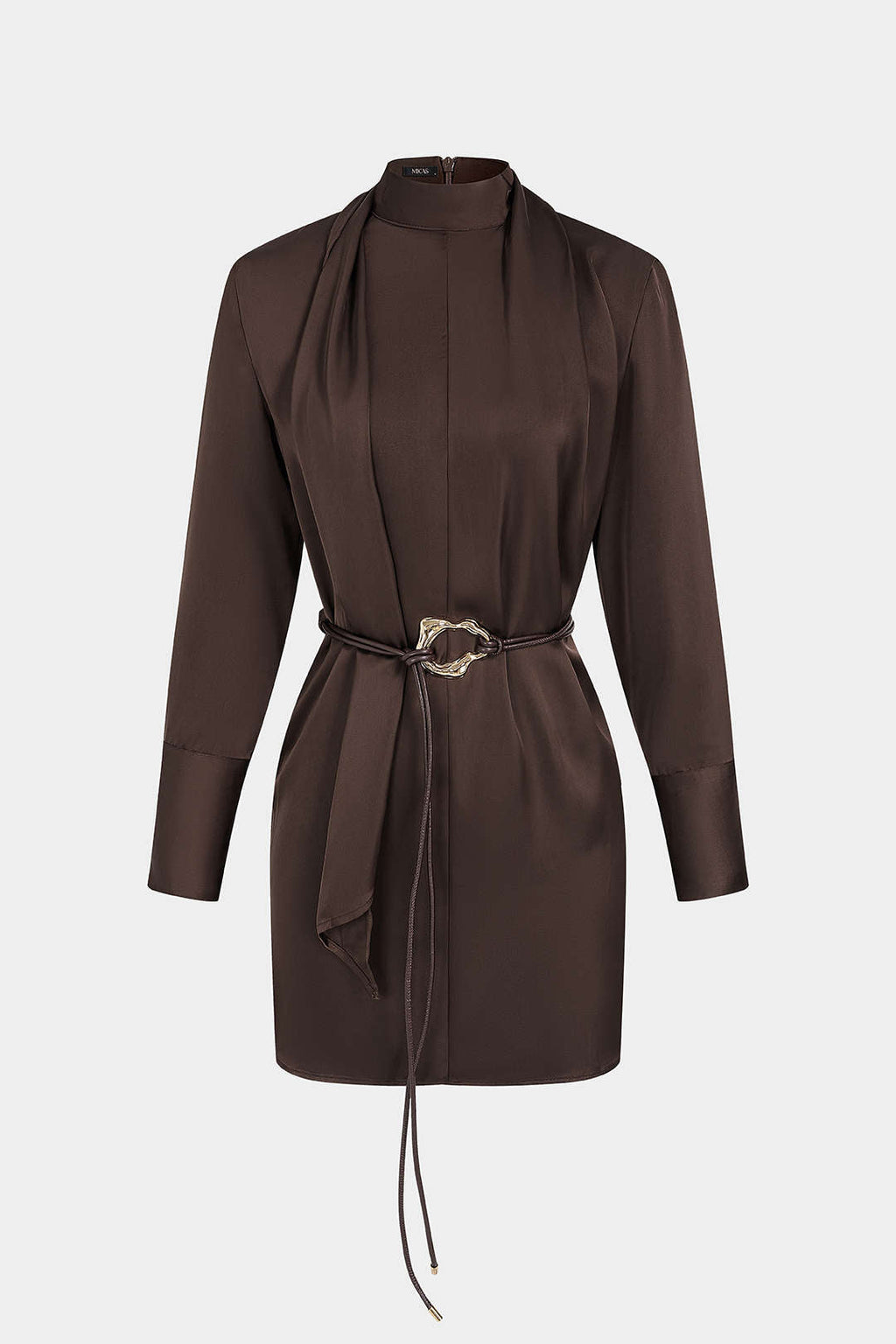 Satin Stand Collar Belted Long Sleeve Mini Dress