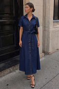 Denim V-Neck Belted Short Sleeve Maxi Dress