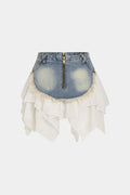 Denim Patchwork Chiffon Irregular Hem Frayed Skirt