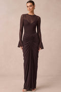 Mesh Patchwork Ruched Bell Long Sleeve Maxi Dress