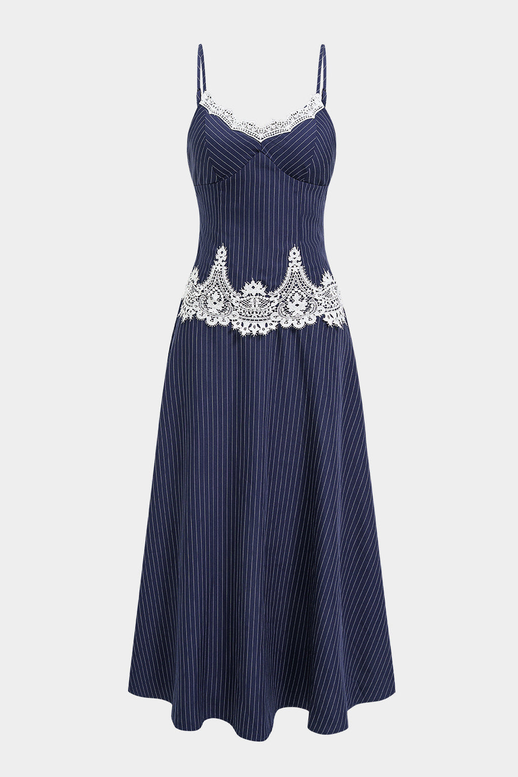 Stripes Print Patchwork Lace Trim Slip Sleeveless Maxi Dress