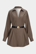 V-Neck Faux Leather Belted Long Sleeve Mini Dress