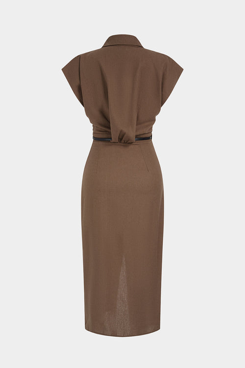 Asymmetrical Button Belted Slit Short Sleeve Midi Dress